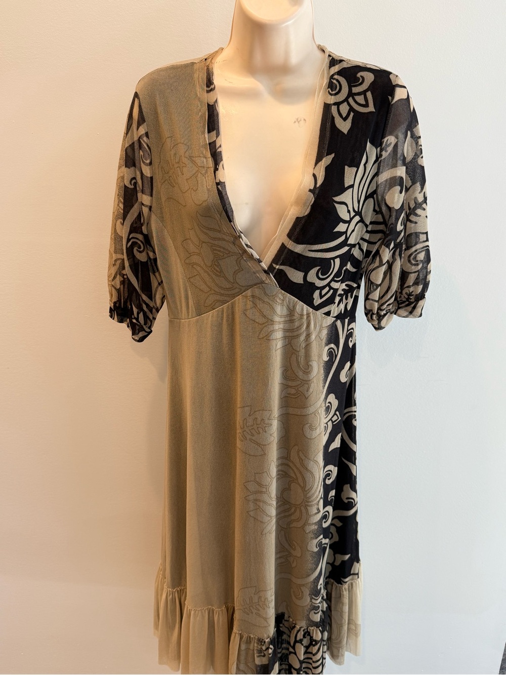 Vintage Fuzzi Paul Gaultier Two-Tone Floral V-Neck Dress Beige Black Mesh Size L